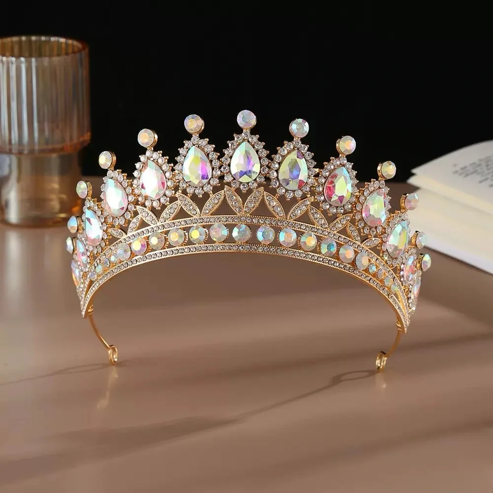 Gold Crystal Teardrop Bridal Tiara - Iridescent Stones